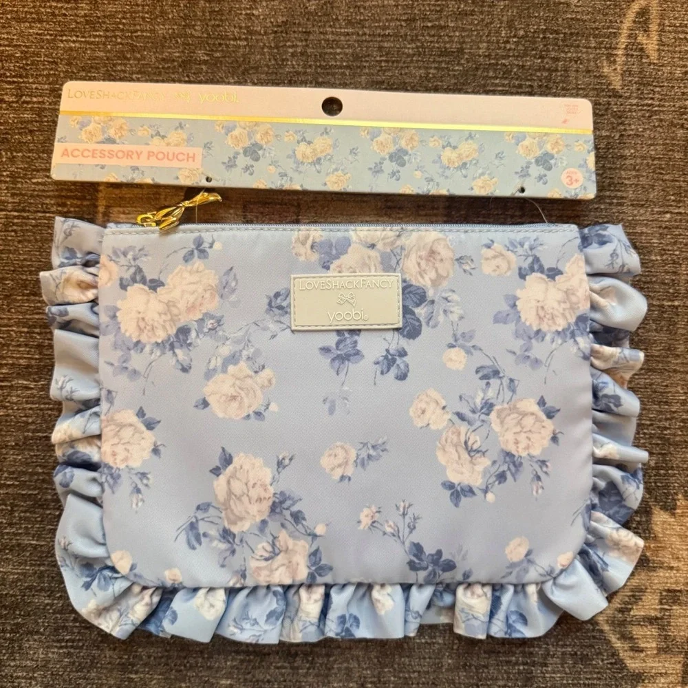 Love Shack Fancy Pencil Case Accessory Pouch Ruffle Floral Blue Zip Bag NEW